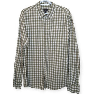 J Crew Slim Flex Washed Tan & White Checkered  Plaid Gingham XL Mens Button Down